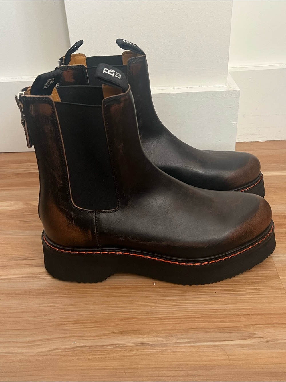 R13Black and Brown Leather Chelsea Boots with Orange Stitching